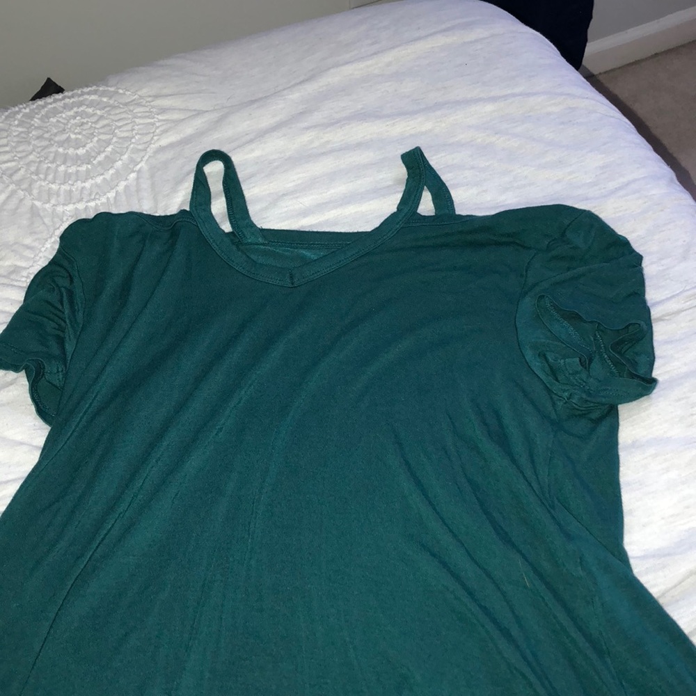 off the shoulder blue tee